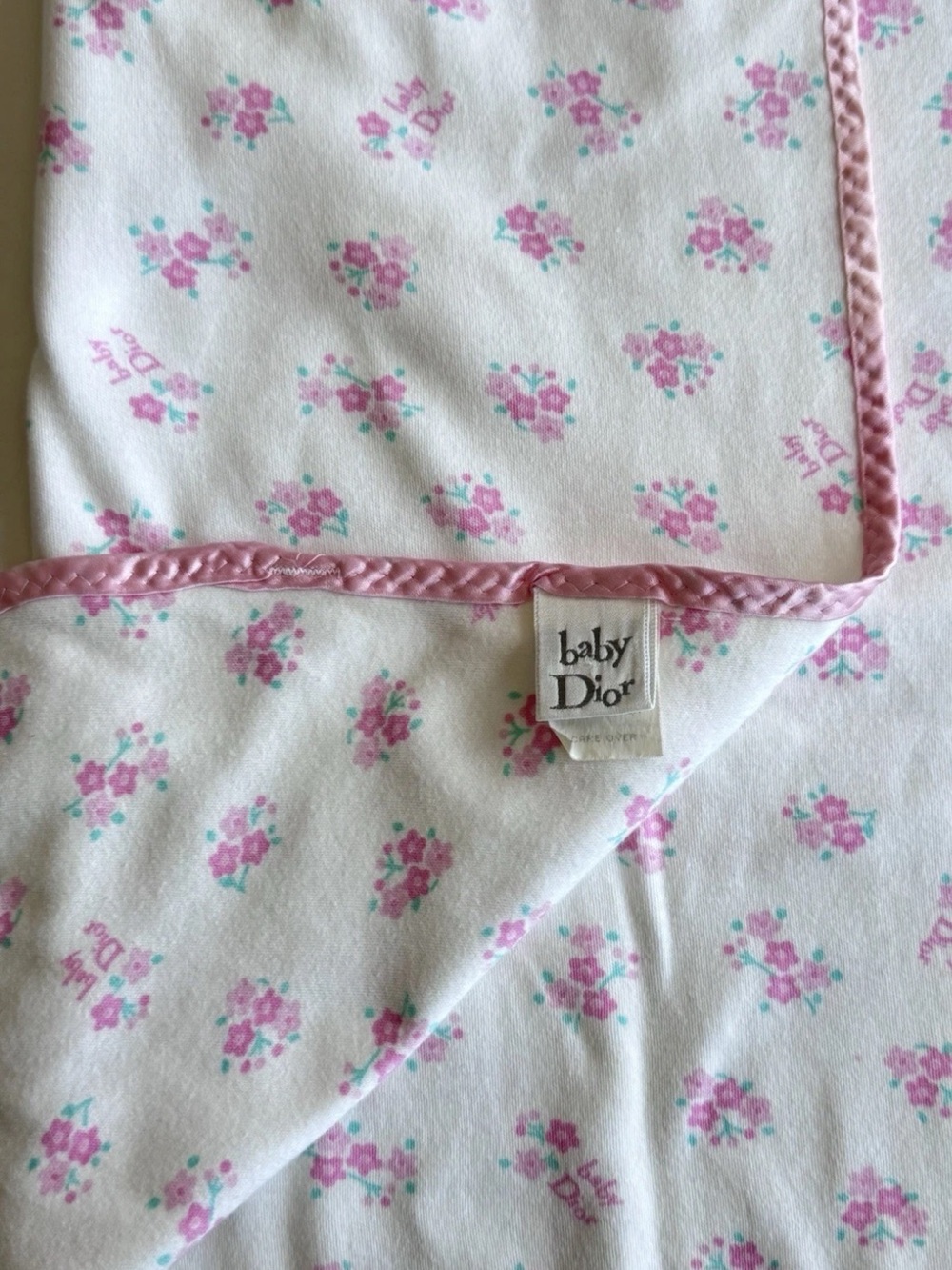 Vintage Baby Dior Pink Floral Cotton Baby Blanket Satin Trim USA